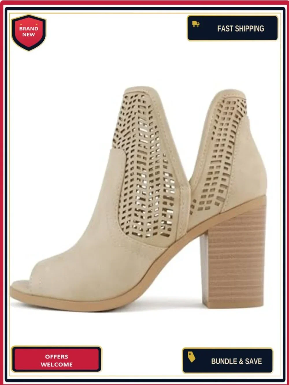 Women Peep Toe Closed-Back Geometric Cut High Heel Ankle Boots Block Heel Taupe